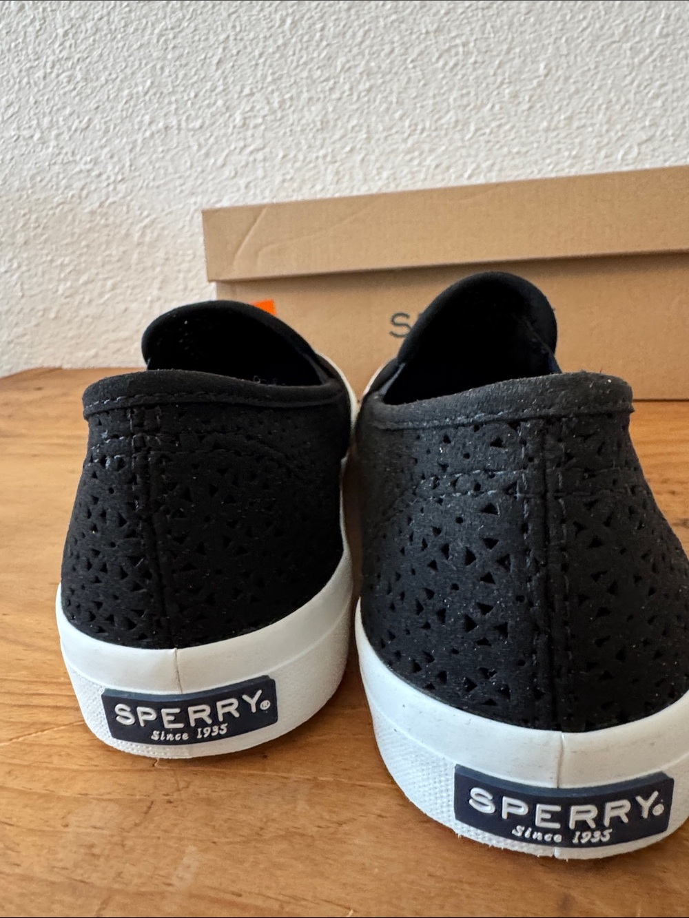 Sperry Black Perforated Slip-On Sneakers with White Sole___new in box. - Picture 6 of 7